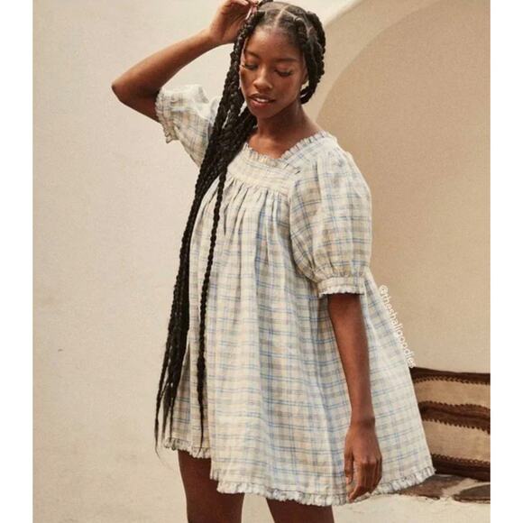 DÔEN Frede Meadowlark Plaid Babydoll Short Mini Dress Size M - Picture 1 of 13